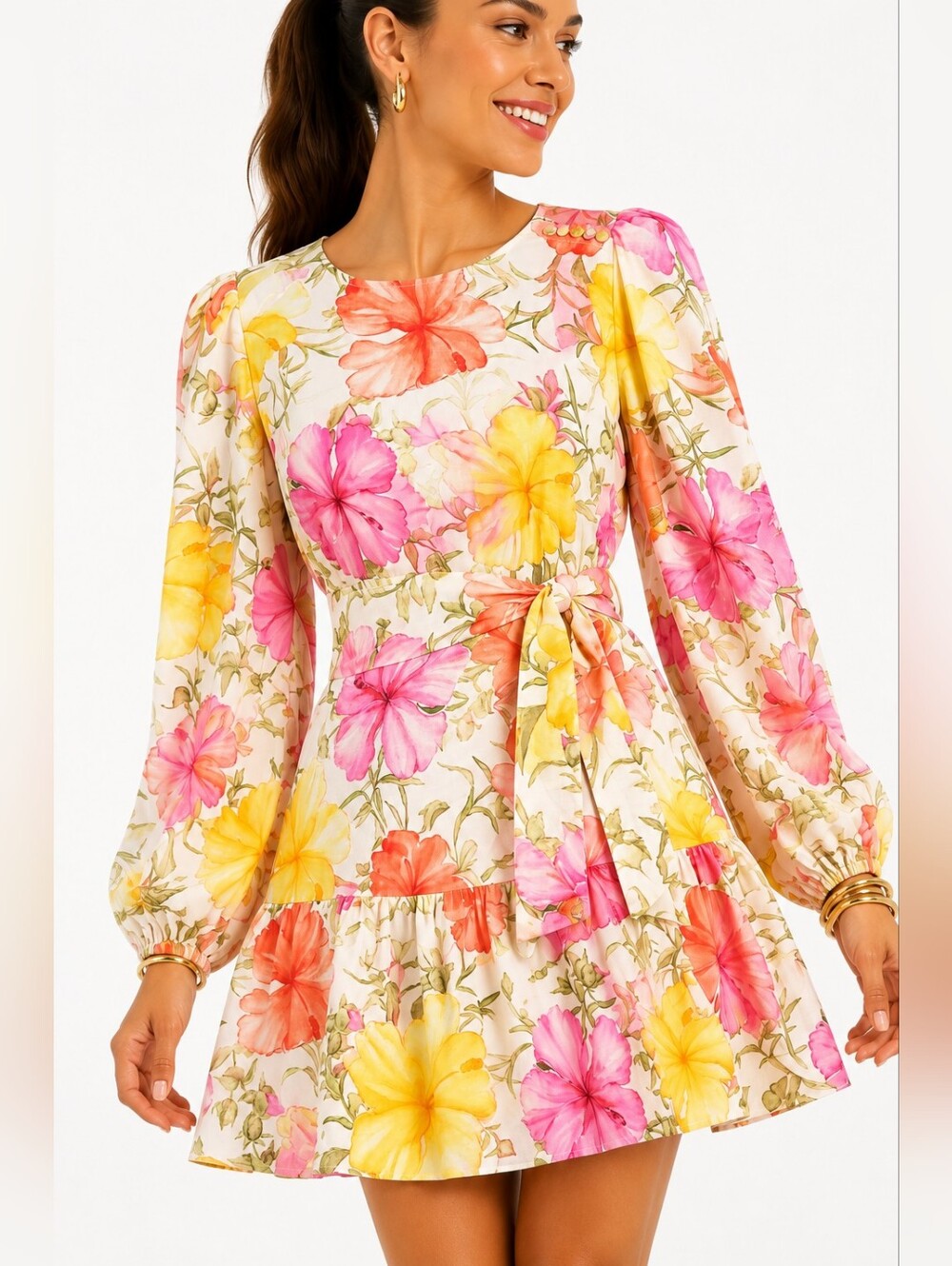 NWT $365 LoveShackFancy Teyana Floral Cotton Silk Mini Dress Pink Yellow Size 10
